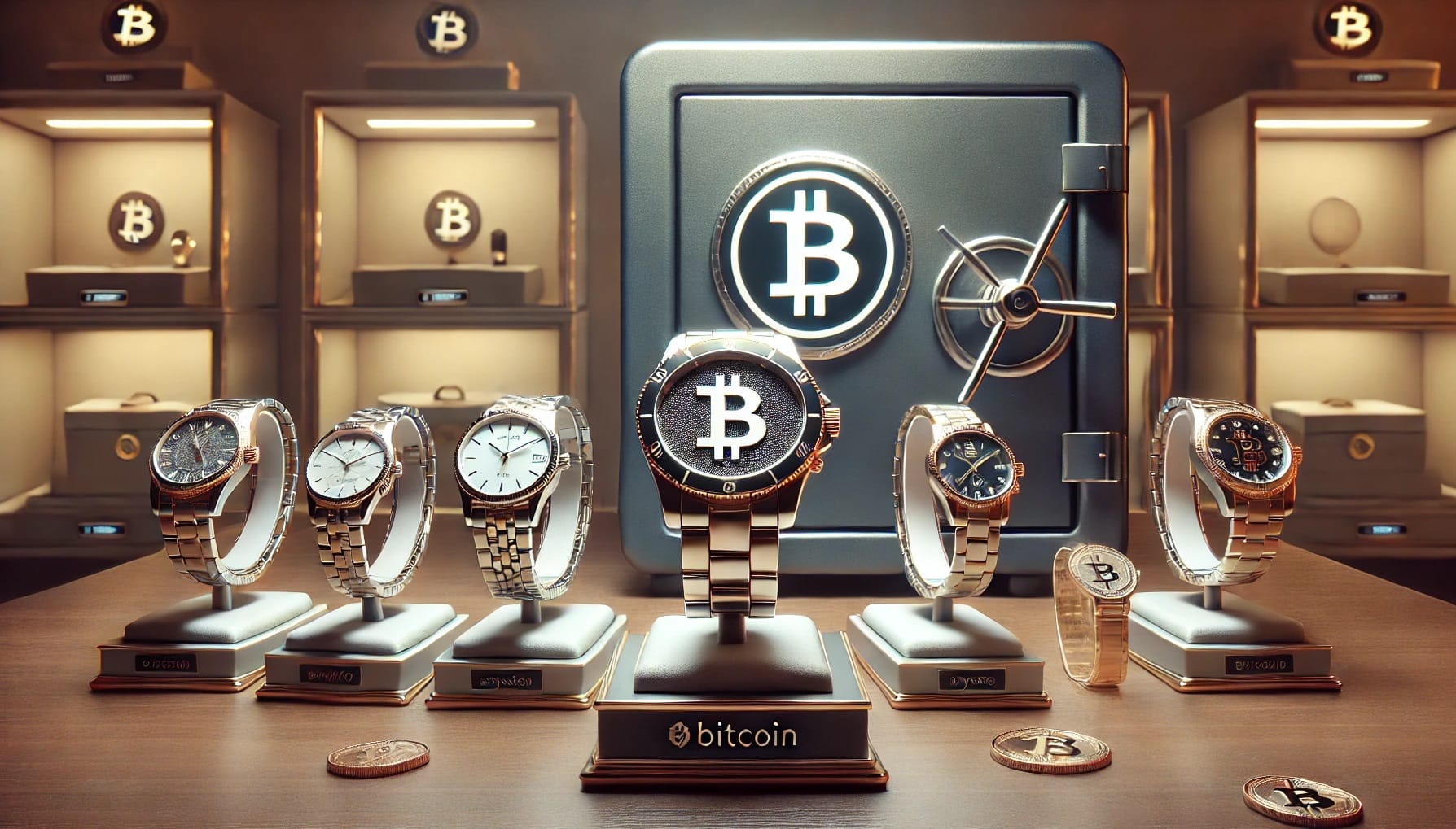 Diverse horloges op standaard en op de achtergrond een kluis