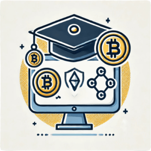 Pictogram die visualiseert een computer met studentenhoedje en crypto en nodes
